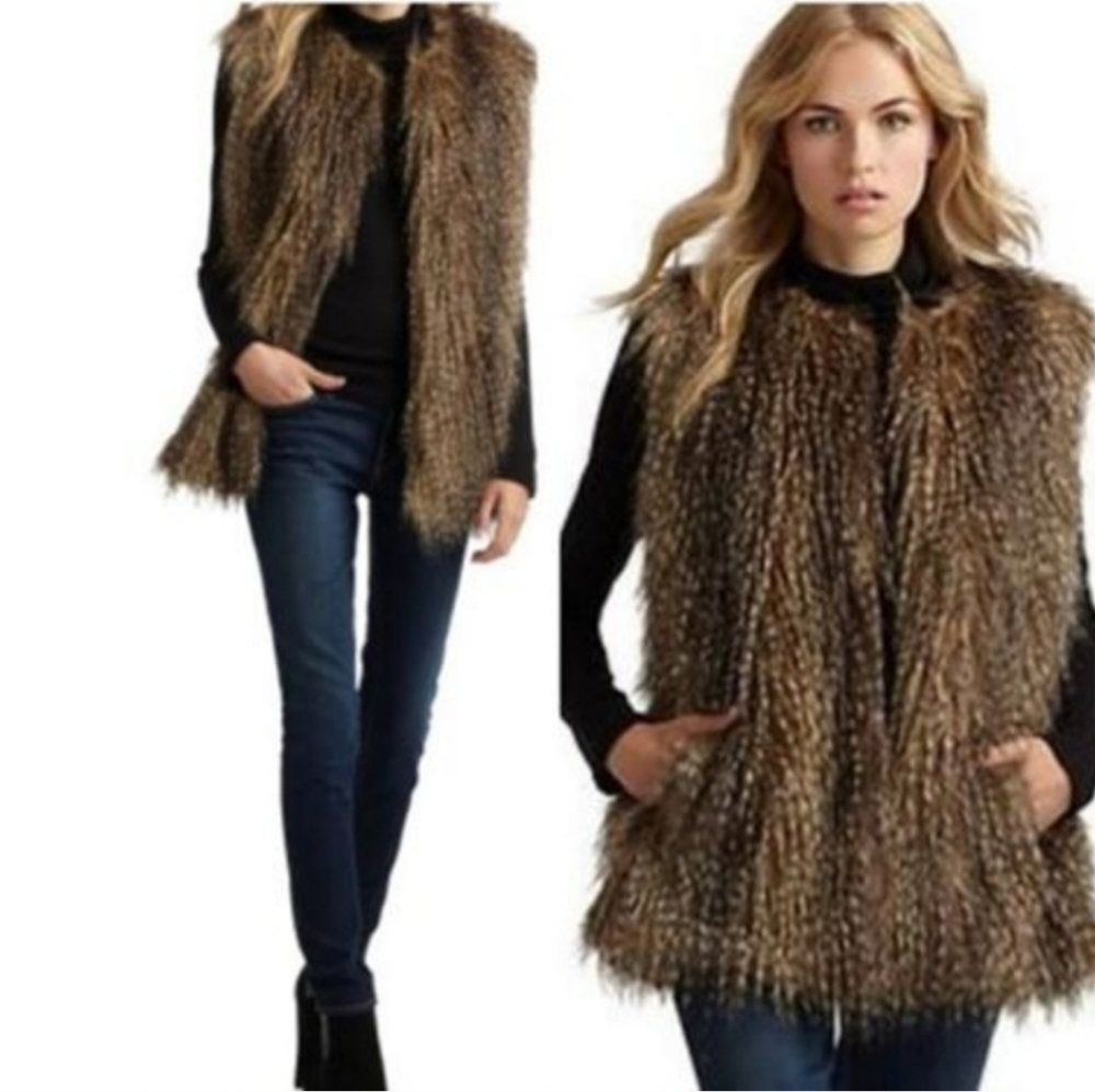 Via Spiga Small Brown Black Tan Faux Fur Vest Stripe Fluffy Faux Leather Pockets
